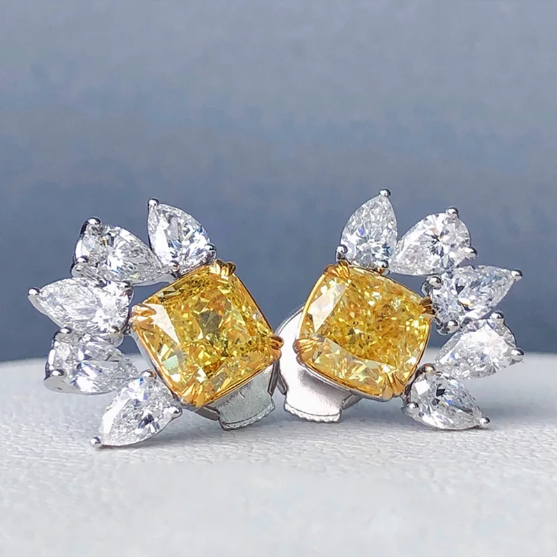 Huitan Luxury Princess Square Yellow CZ Stud Earrings for Women Bright Accessories Lovely Female Earrings Party Fashion Jewelry