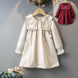 2023 New Arrivals Winter Girls Dress Girls Casual Dress Long Sleeve Big Lapel Solid Cute Dress Vestidos 2-7T