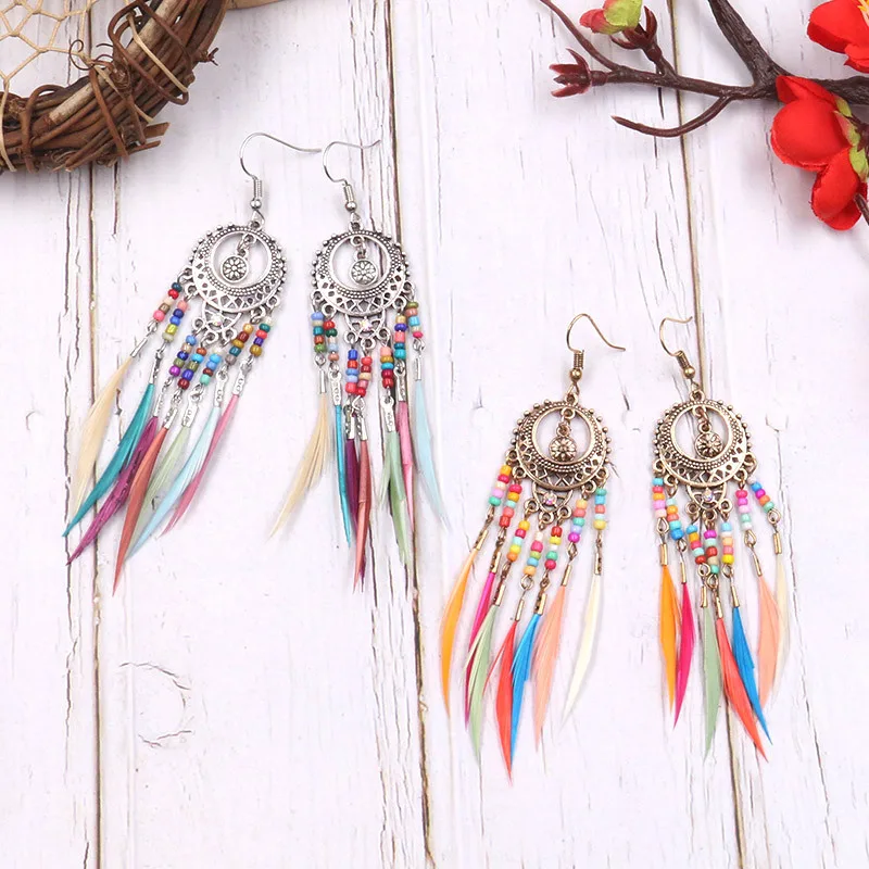 2024 Long Tassel Fashion Feather earrings Style Ethnic Boho Big Dangle Statement Earring Wedding Earrings Accessories Wholesale