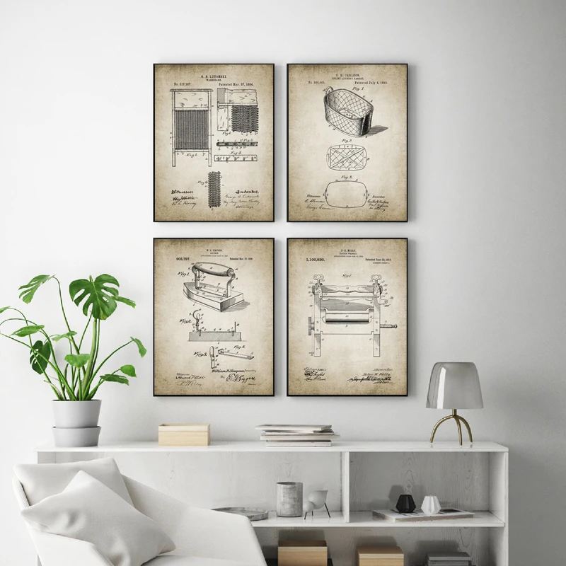 Laundry Room Wall Decoration Vintage Laundry Patent Posters and Prints Laundry Basket Retro Wall Art Pictures Canvas Paintings