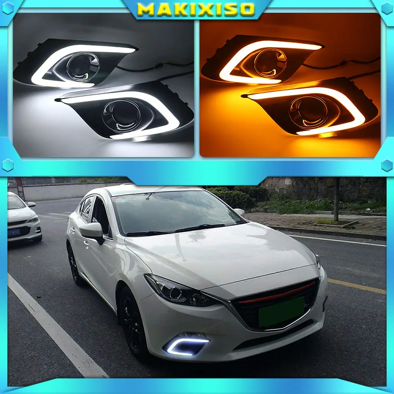 

1Pair DRL For Mazda 3 Axela 2014 2015 2016 Daytime Running Lights fog lamp cover headlight 12V Daylight with Yellow