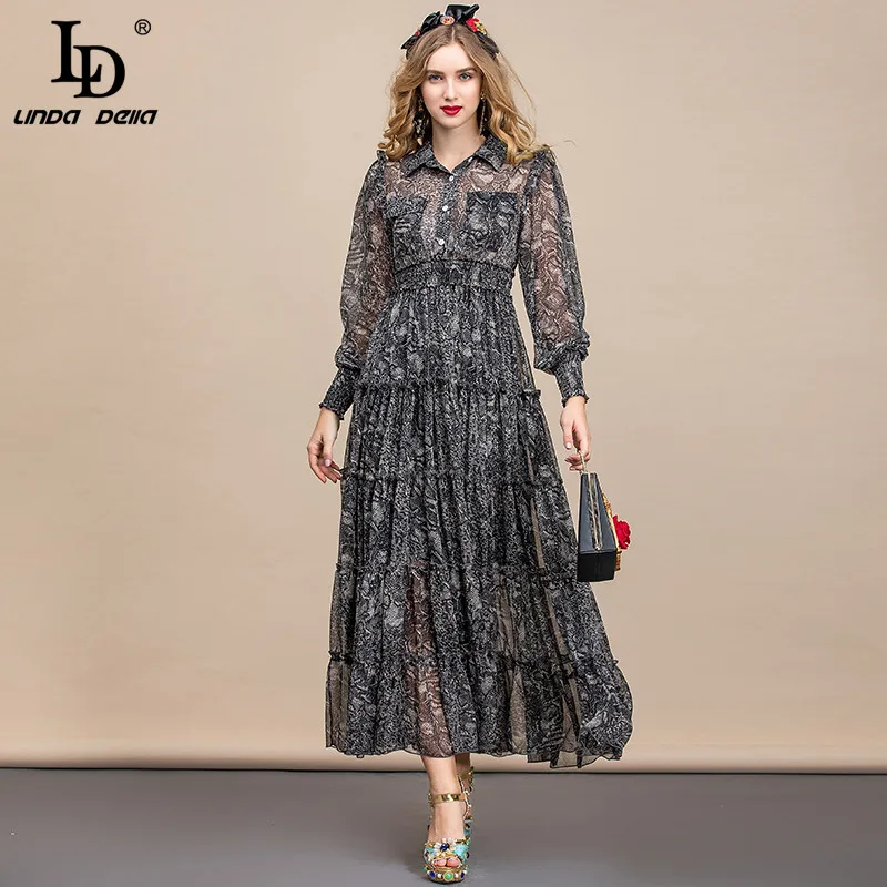 LD LINDA DELLA Summer Fashion Runway Mxi Dresses Women Shirt Collar Elastic waist Snake Printed Silk Vintage Long Party Dress