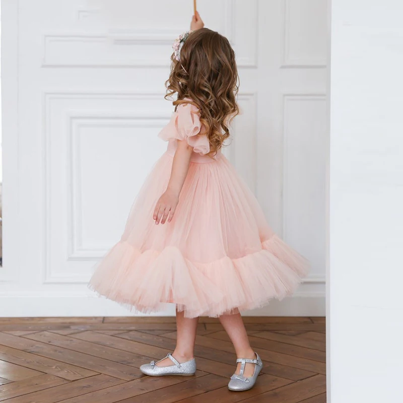 Flower Girl Dress Children Bridemaid Wedding Dresses For Kids Pink Tulle Gowns 2024 New Girls Boutique Party Wear Elegant Frocks