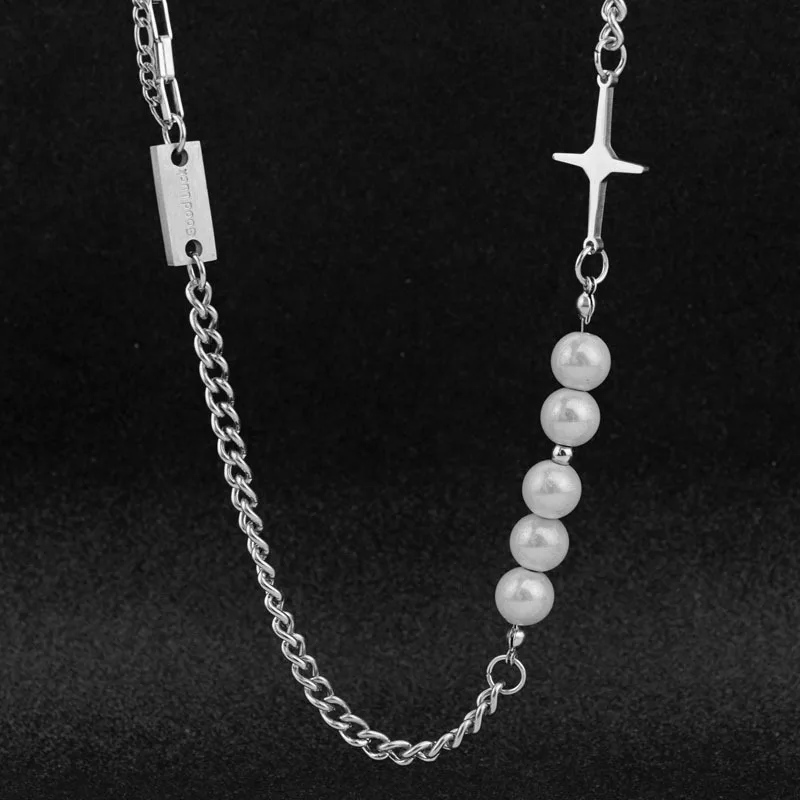 Fashion Stainless Steel Reflective Pearl Cross Necklace Women's Clavicle Chain Women's Dinner Ball Jewelry Accessories