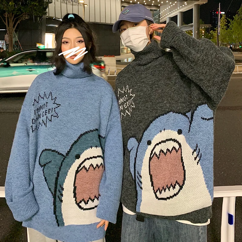 Couple sweater cartoon shark casual loose hip-hop knitted pullover autumn and winter oversized sweater unisex pullover