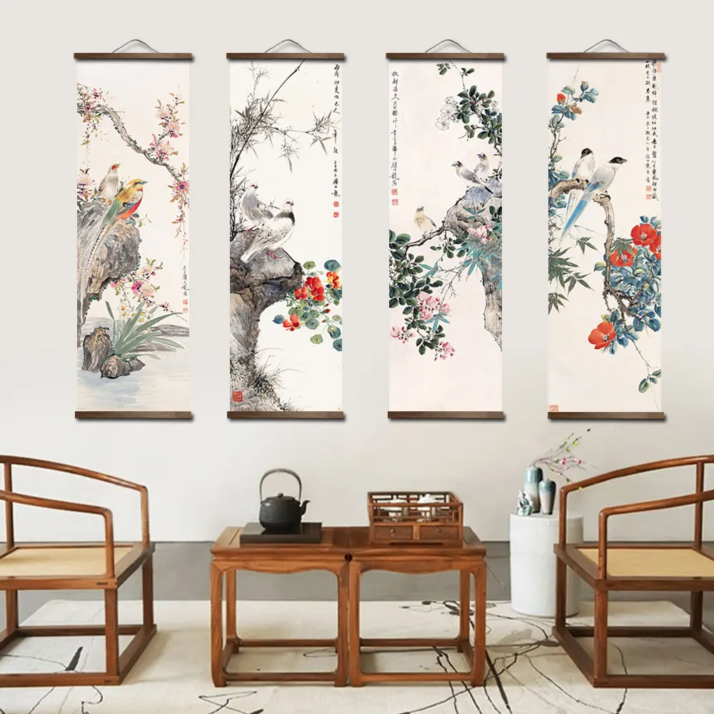 custom chinese style green plants animal bird canvas decorative painting bedroom living room wall art solid wood scroll painting