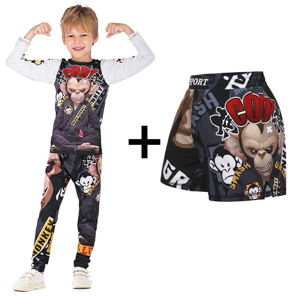 BJJ GI Kids MMA Rashguard T-shirt +Pants Set Jiu Jusit Tights Muay Thai Shorts Rash Guard For Children MMA Compression Sportsuit