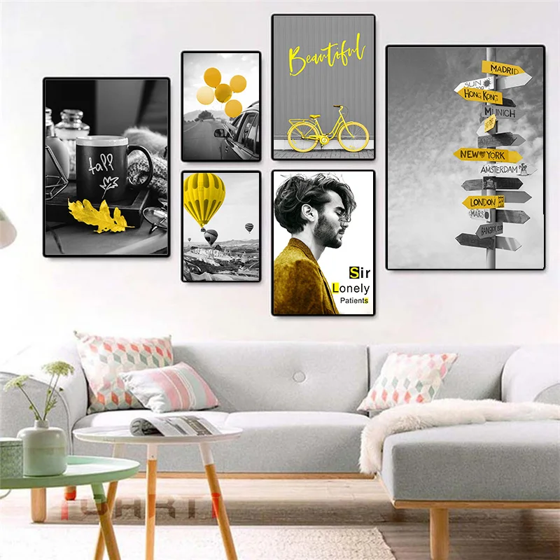 Black and White Photograph Landscape Picture Home Decor Nordic Canvas Painting Wall Art Yellow Scenery Art Print for Living Room