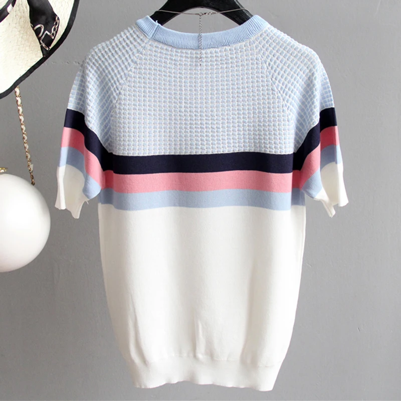 New Plaid Contrast Color Womens Sweater Knitted Elasticity Pullover Ladies Sweater O-Neck Slim Short Sleeve Women Clothing 2021