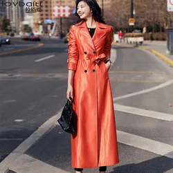 (made by yihaodi) high end popular orange windbreaker women's 2021 autumn new British style super long knee style slim slim slim