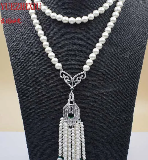 

natural 8mm 32inch white sea shell pearl Hand knotted luxury necklace inlay zircon jade tassel long sweater chain