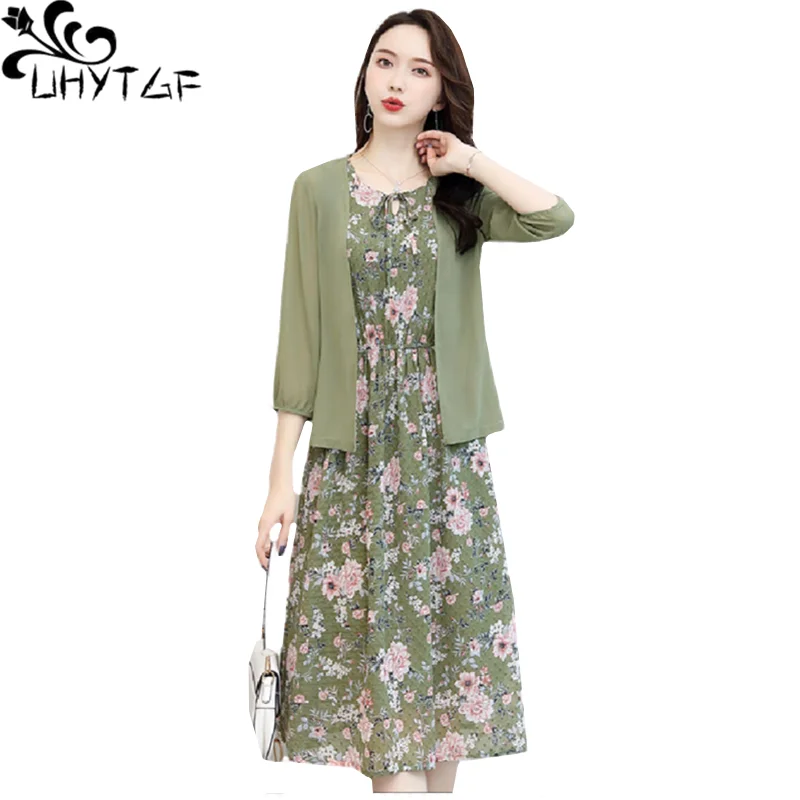 

UHYTGF Fashion Dress Summer Two-Piece Sets Women Sleeveless Floral Chiffon Dress+Thin Shawl 4XL Big Size Skirt Suit Female 2103