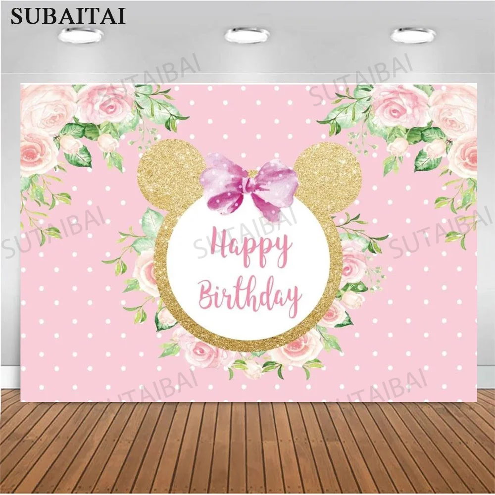 

Cartoon Mouse Backdrops Girl Happy Birthday Flower Bow Dots Photozone Background Baby Shower Baptism Girl Party Banner Decor