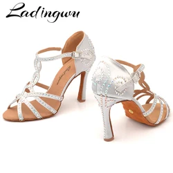 Ladingwu Hot Latin Dance Shoes Women For Silver grey Satin Dance Shoes Salsa Girls For Shine Rhinestone Ballroom Dance Shoes