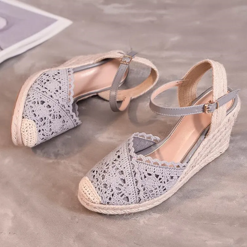 Straw Braided Toe Mesh Sandals for Women Ankle Strap Buckle Slingback Wedge Sandal Ladies Rome Style Pumps Casual Summer Shoes