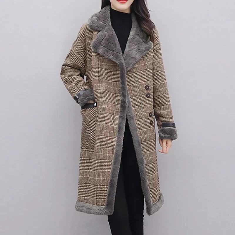 2023 Autumn Winter Long Woolen Jackets Women\'s Clothing Velvet Fur Collar Cold-Resistant Warm Coat Plaid Parka Female