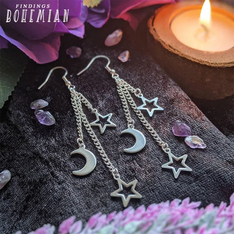 Celestial Magick Earrings,silver Plated Chain, Wicca, Gothic, Pagan, Moon, Stars