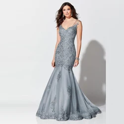 Vestido sereia de renda prata, elegante, aplique com decote em v, vestido de mãe da noiva, sem mangas, vestido de festa de casamento, costas nuas 2021