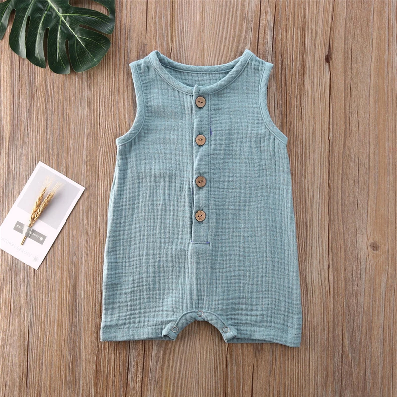 2021 Toddler Baby Rompers Single Breasted Clothes Infant Baby Girls Boys Sleeveless Button Solid Color Romper Summer Clothing