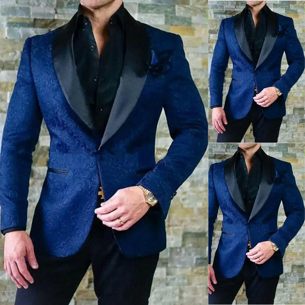 

Pageant Blue Mens Suit Wedding Jacquard Black Shawl Lapel One Button Grooms Best Man Fit Mens Blazer 2pcs Jacket and Pants