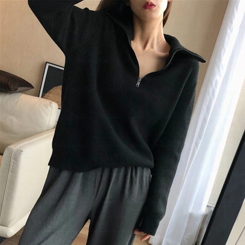 European goods autumn and winter add thick turtleneck sweater female loose outside wear pure color wool knitting bottom recreati