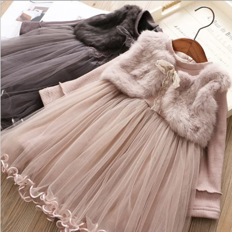 Girl\'S  Warm Dress Autumn And Winter Imitation Mink Velvet Outfit Mesh Fashionable Plus Velvet Warmth One-Piece Princess Dress