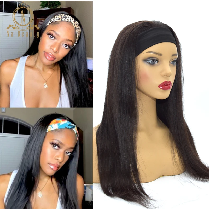 180 Density Straight Headband Wig Human Hair Wigs Brazilian Remy Hair Scarf Wig For Black Women Glueless Head Brand Wig NaBeauty