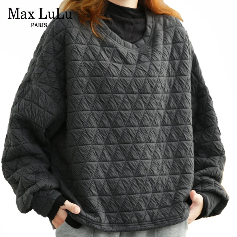 

Max LuLu 2021 Winter Womens Loose Casual Hoodies European Style Ladies O-Neck Design Sweatshirts Quilted Solid Vintage Clothes