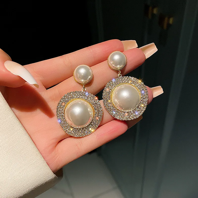 Luxury Shiny  Oversize Gray Pearl Drop Earrings For Women Crystal Golden Round Pearl Wedding Dangle Earrings Jewelry Party Gift