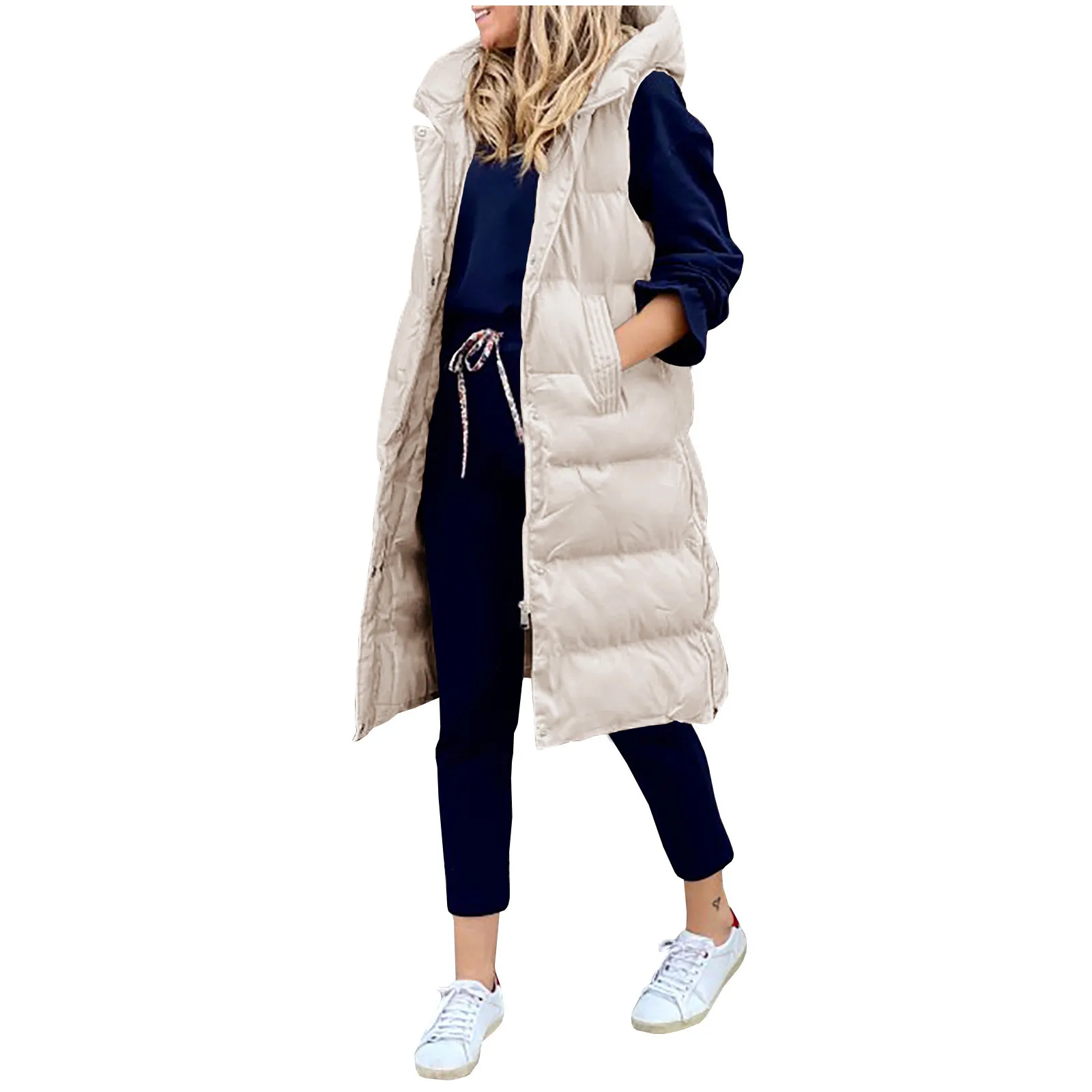 Women\'s Long Winter Coat Vest With Hood Sleeveless Warm Down Coat With Pockets Quilted Vest Down Jacket Quilted Outdoor Jacket