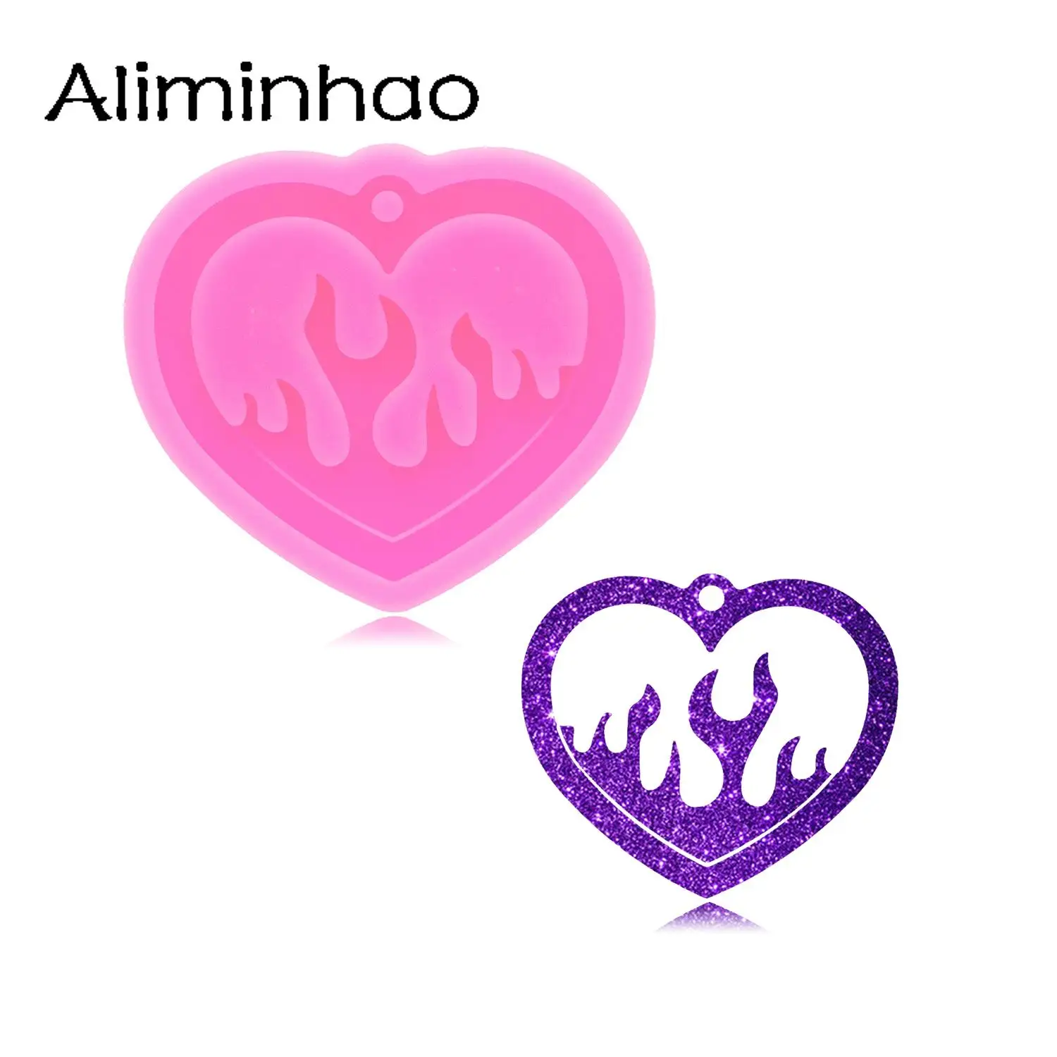 DY1220 Shiny Heart Fire Flame Keychain Mold, Flexible Silicone Rubber Necklace Mold, Epoxy Resin Polymer Clay Jewelry Molds