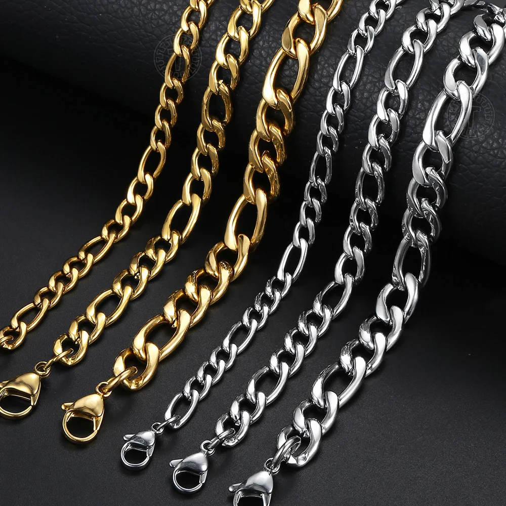 Mens Bracelets 5/7/9mm Figaro Link Chain Simple Stainless Steel Gold Color Silver Color Bracelets for Men Women 8-9inch KBM171