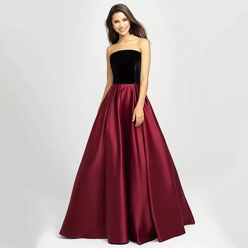 

Wine Red Satin Evening Dresses A-Line Velour Elegant Formal Long Dresses 2021