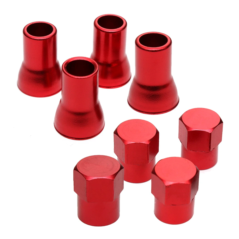 Ensemble de 4 tiges de Valve de pneu de voiture en alliage d\'aluminium rouge, capuchons hexagonaux + couvercles de manchon, capuchon anti-poussière,