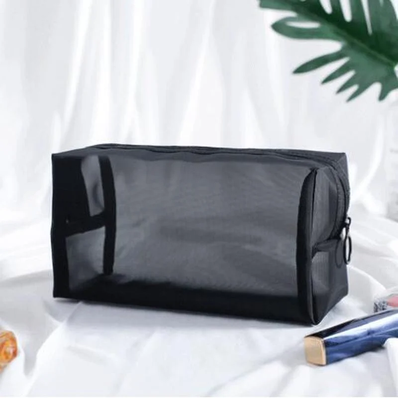 Black Nylon Mesh Fabric Stationery Pencil Bag for Students Girls Makeup Brushes Lipstick Bag Pouch Zipper Travel Toiletry Kits