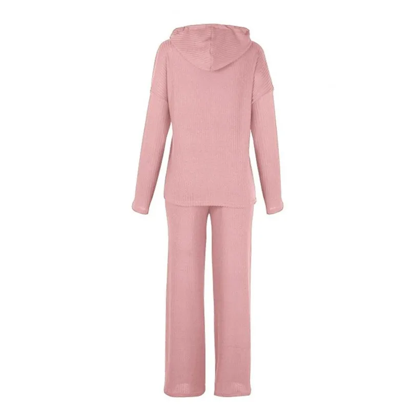 Spring Autumn Knitted Set Women Outfit Long Sleeve Hooded Pullover Top Wide Leg Long Pants 2 Piece Set Women Tracksuit