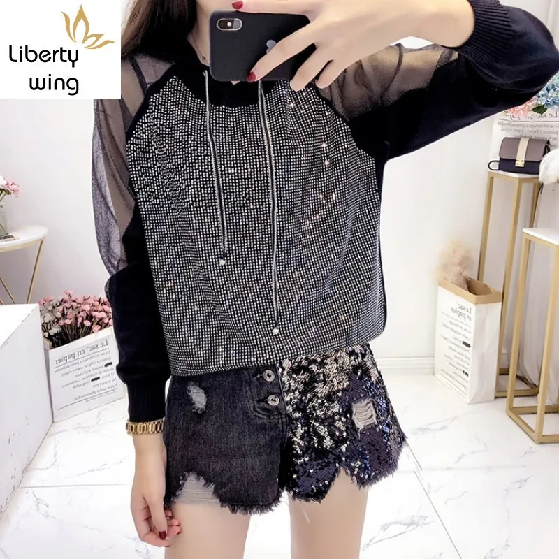 

Autumn Long Sleeve Knitting Sweatshirt Women Streetwear Splice Mesh Diamond Hooded Shirt Fashion White Black Loose Pullover Tops