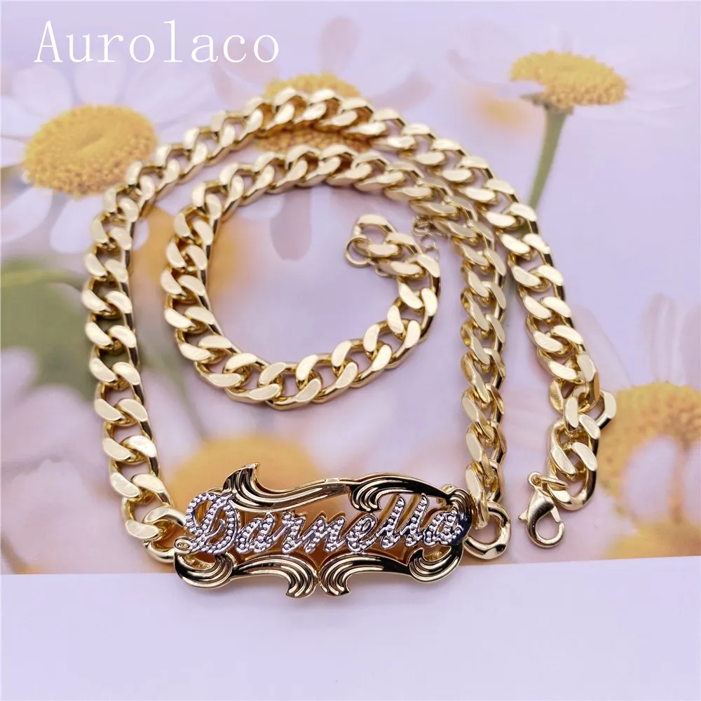 Imagem -05 - Aurolaco Pulseira de Prato Duplo Bracelete em Dois Tons de Nome Aço Inoxidável Corrente Cubana para Presente Feminino