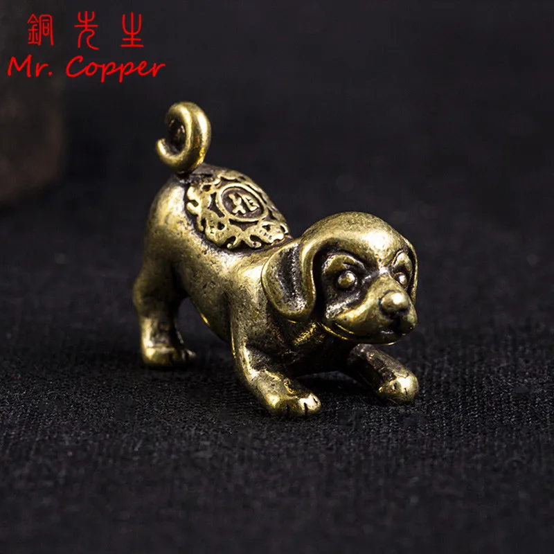 Solid Brass Lucky Puppy Figurines Miniatures Desktop Ornament Room Decoration Accessories Retro Copper Zodiac Animal Dog Tea Pet