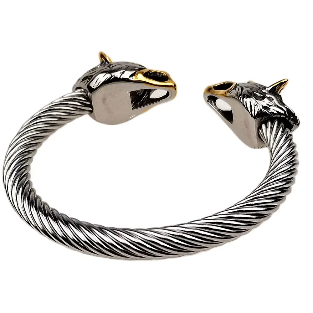 Men\'s Stainless Steel Viking Wolf Bracelet Mix Gold Color Wolf Punk Bangle Biker Jewelry