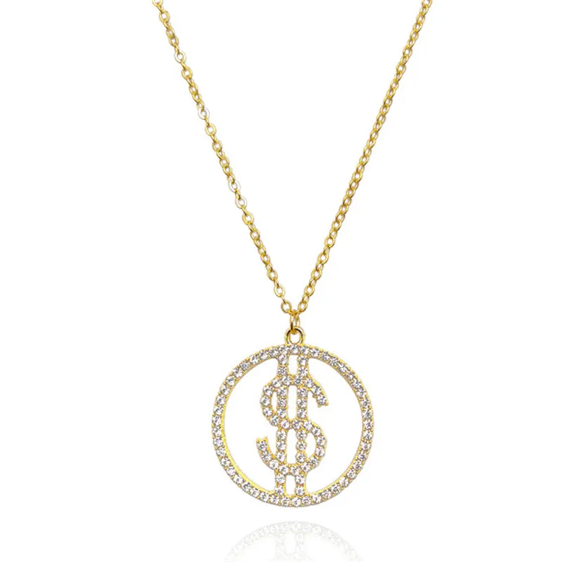 Fashion Gold Dollar Sign Pendant Necklaces Men Hip Hop Jewelry Trendy Long Chain Metal Alloy Crystal Rhinestone Necklace Gifts