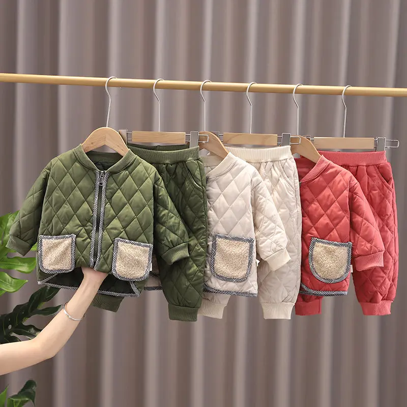 NEW Warm Coat Cute Infant Newborn Kids Girls Solid Cotton-padded Clothes Long Pants 2pc/set Outfit Cotton Kids Boys Tracksuit