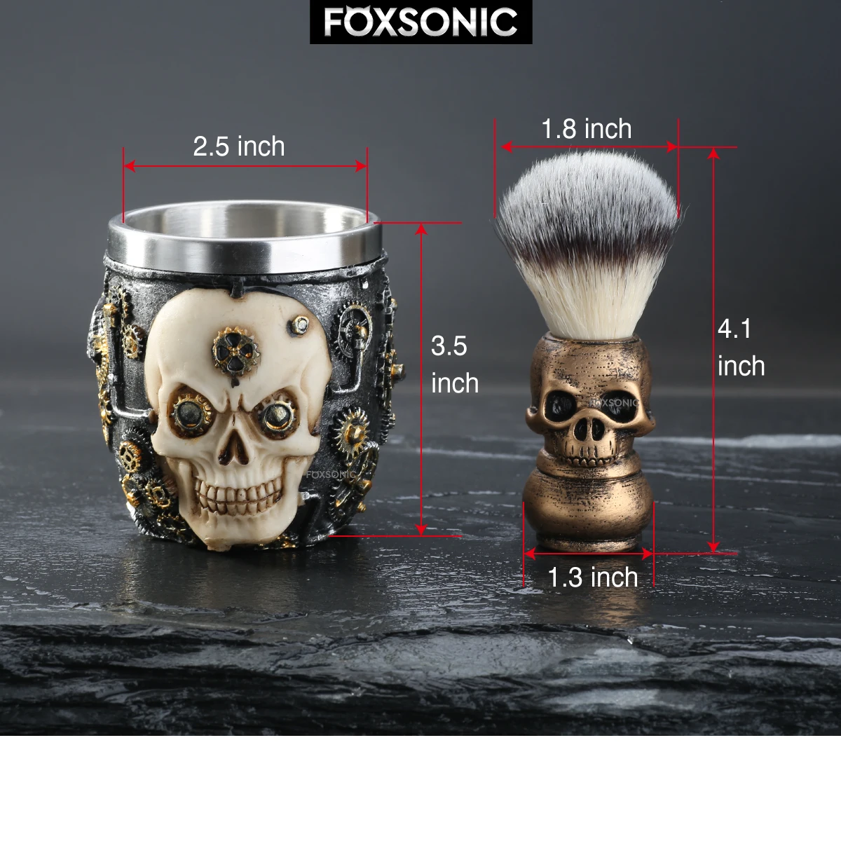 FOXSONIC-Juego de brochas de afeitar con cabeza de calavera para hombre, Kit de brochas de afeitar para peluquería, Set de afeitado de barba