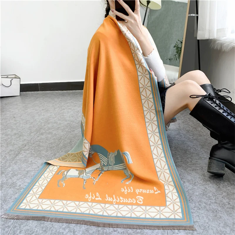 New Woman Fashion European And American Style Retro Horse Printing Imitation Cashmere Shawl Multifunction Decorate Warm Scarf