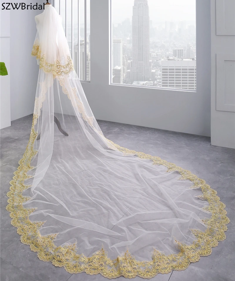 

New Arrival Gold Lace Wedding Veils Two-layer 3.5 Meter Bridal Veil Long Wedding Accesorios Novia Boda Velos Bridal Headwear