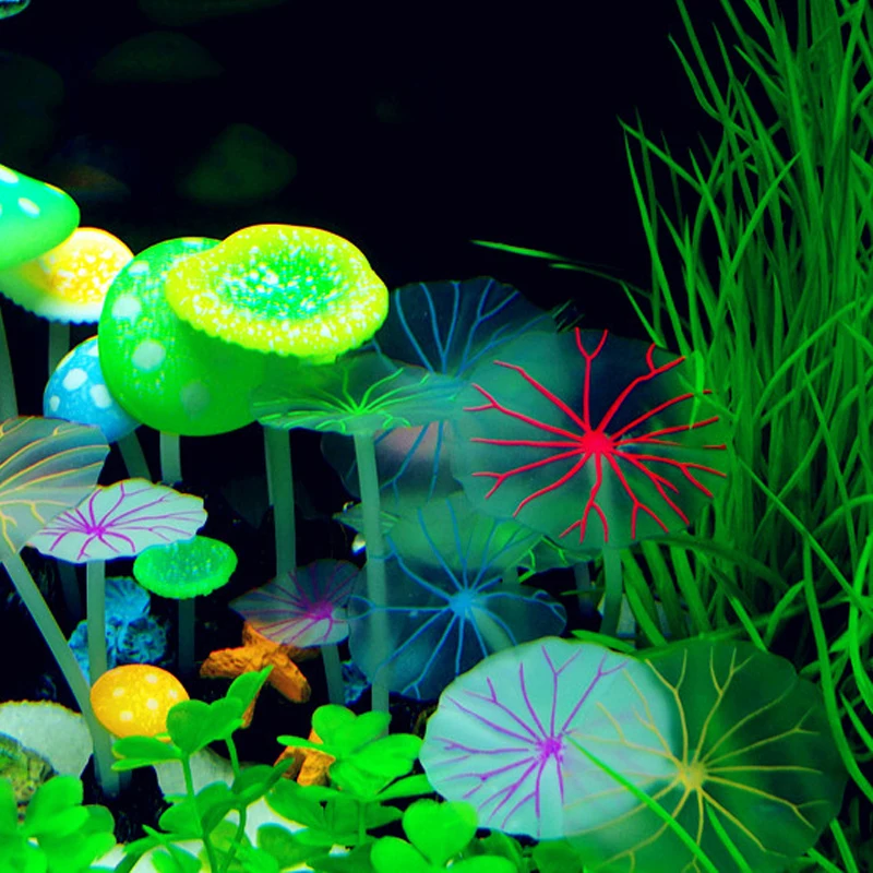 Fluorescent Artificial Glowing Lotus Leaf Mushroom Ornament Luminous Silicone Plant Aquarium Decor Fish Tank Accessories