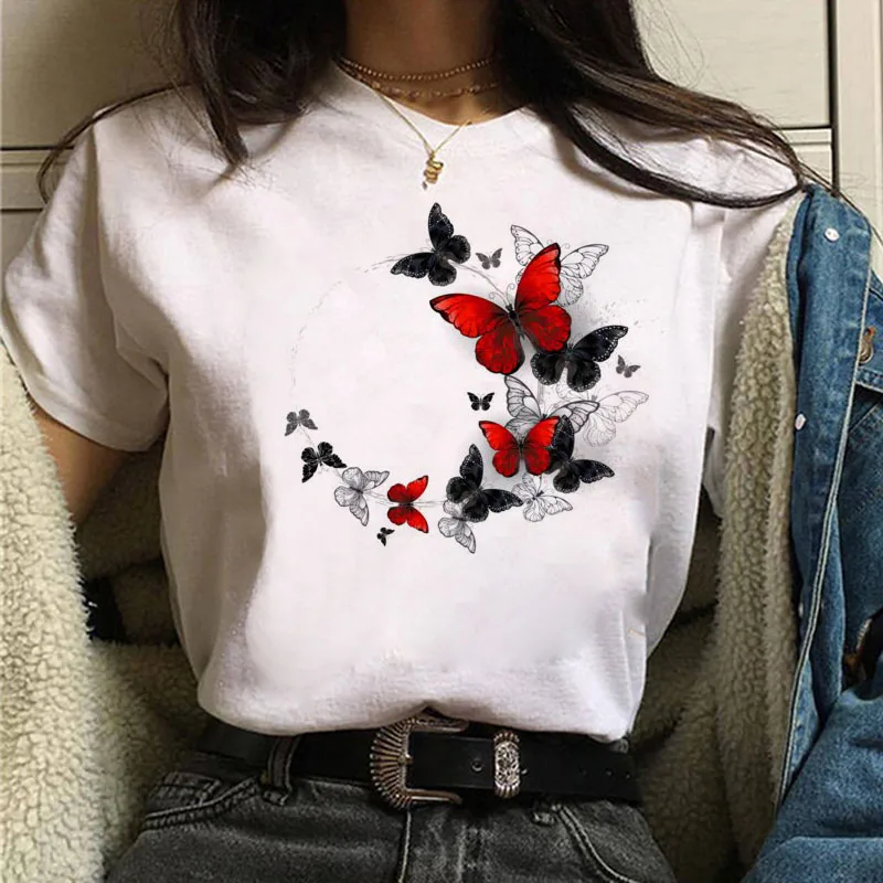 Women Red and Black Butterfly Fashion T Shirt Girl Harajuku Korean Style Graphic Tops Valentine's Day Female T-shirt,Drop Ship