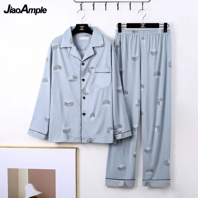 Pajamas Men's Long-sleeved Trousers Cotton Pijamas Two-piece Set 2021 Autumn New Printed Striped Plaid Nightwear Nightie Suit
