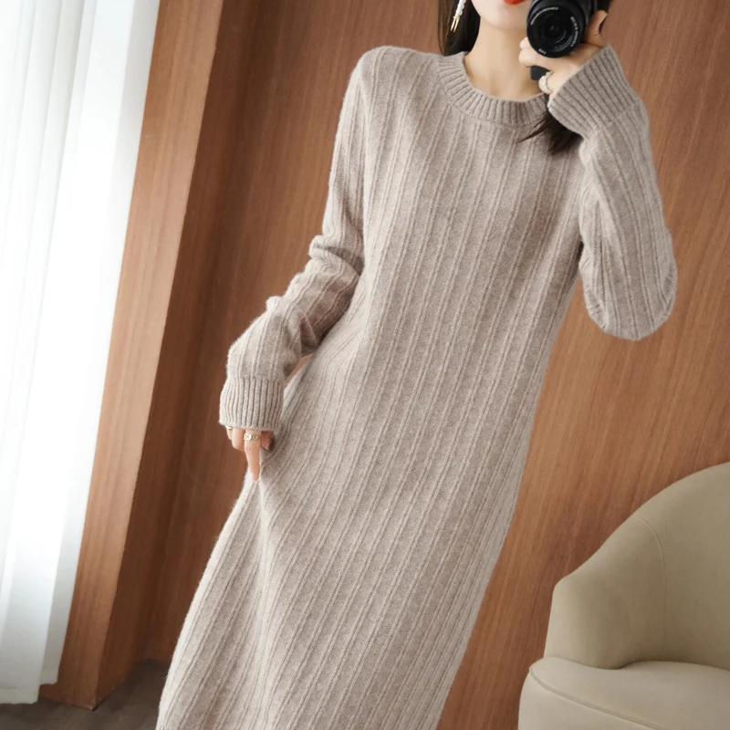 New 100%Pure Cashmere Knit Dress Women Wool Long Sweater Wild Over-Knee Bag Buttocks Large Size 2021Winter Long Skirt Thick Warm