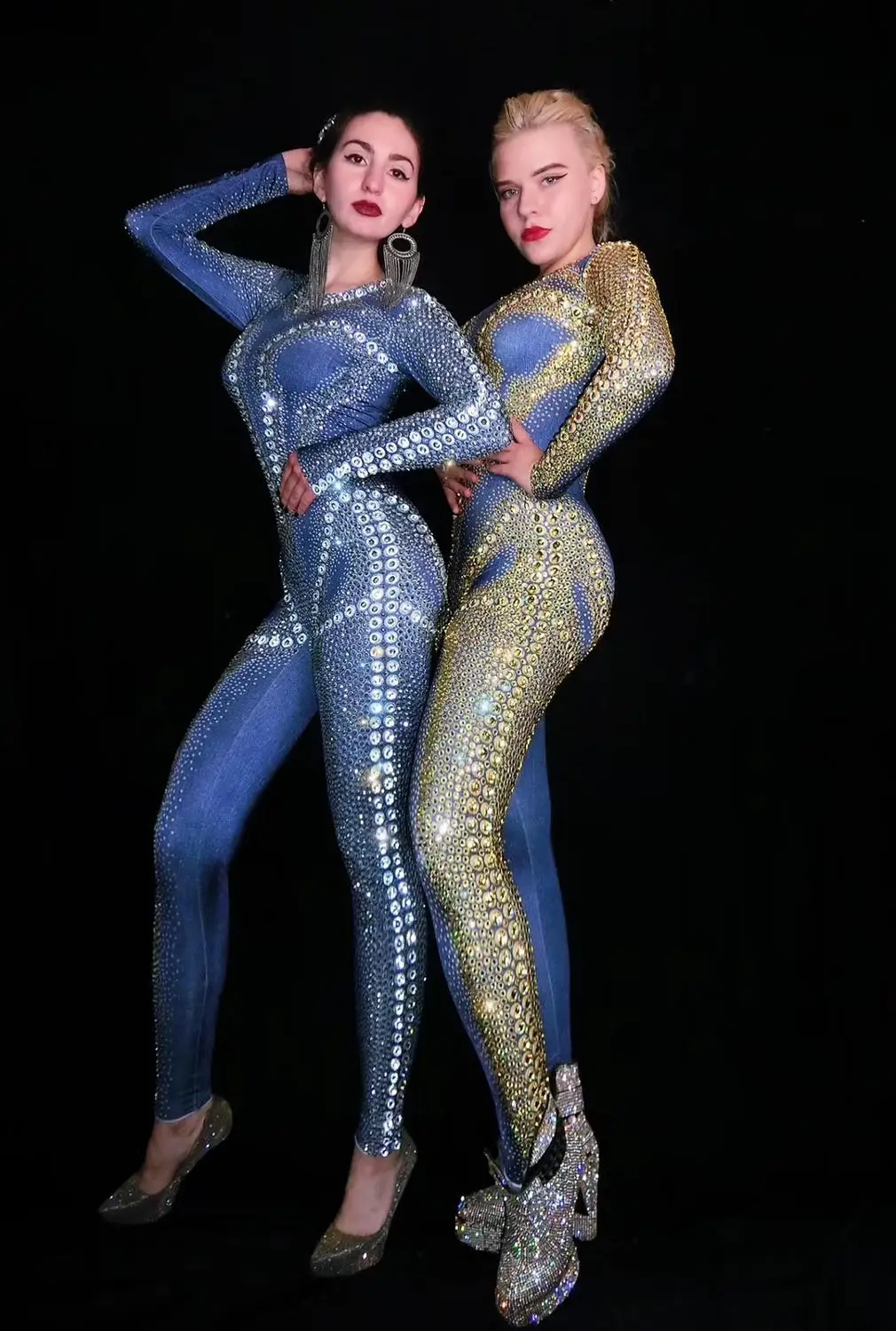 Combinaison Sexy à Manches sulfavec Strass Argentés et Dorés pour Femme, Tenue de Bal, Costume de Chanteur et de Danseuse, de Soirée